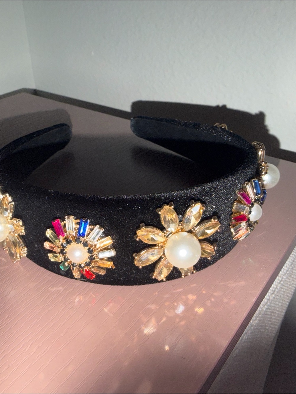 Black Jeweled Pearl Flower Headband - Women's Accessory